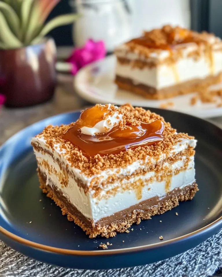 Delicious Biscoff Caramel Cheesecake Squares (No Bake) food shot