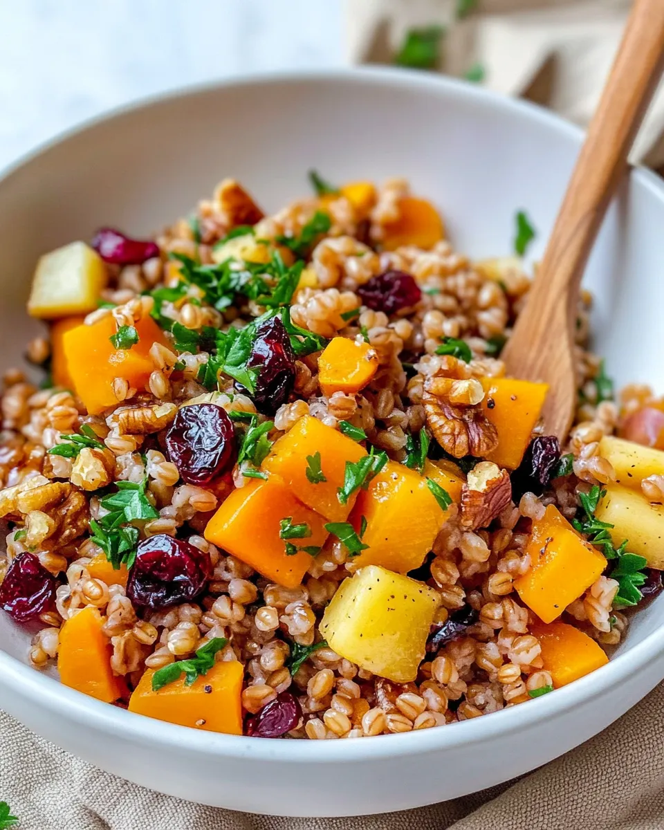 Healthy Butternut Apple Farro Salad, Maple Vinaigrette food shot