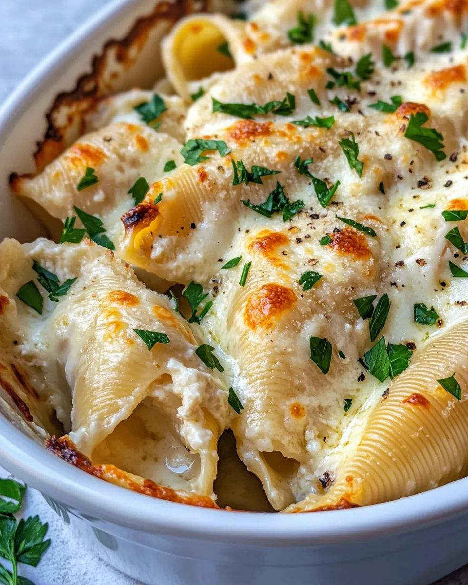 Easy Chicken Alfredo Baked Shells food shot