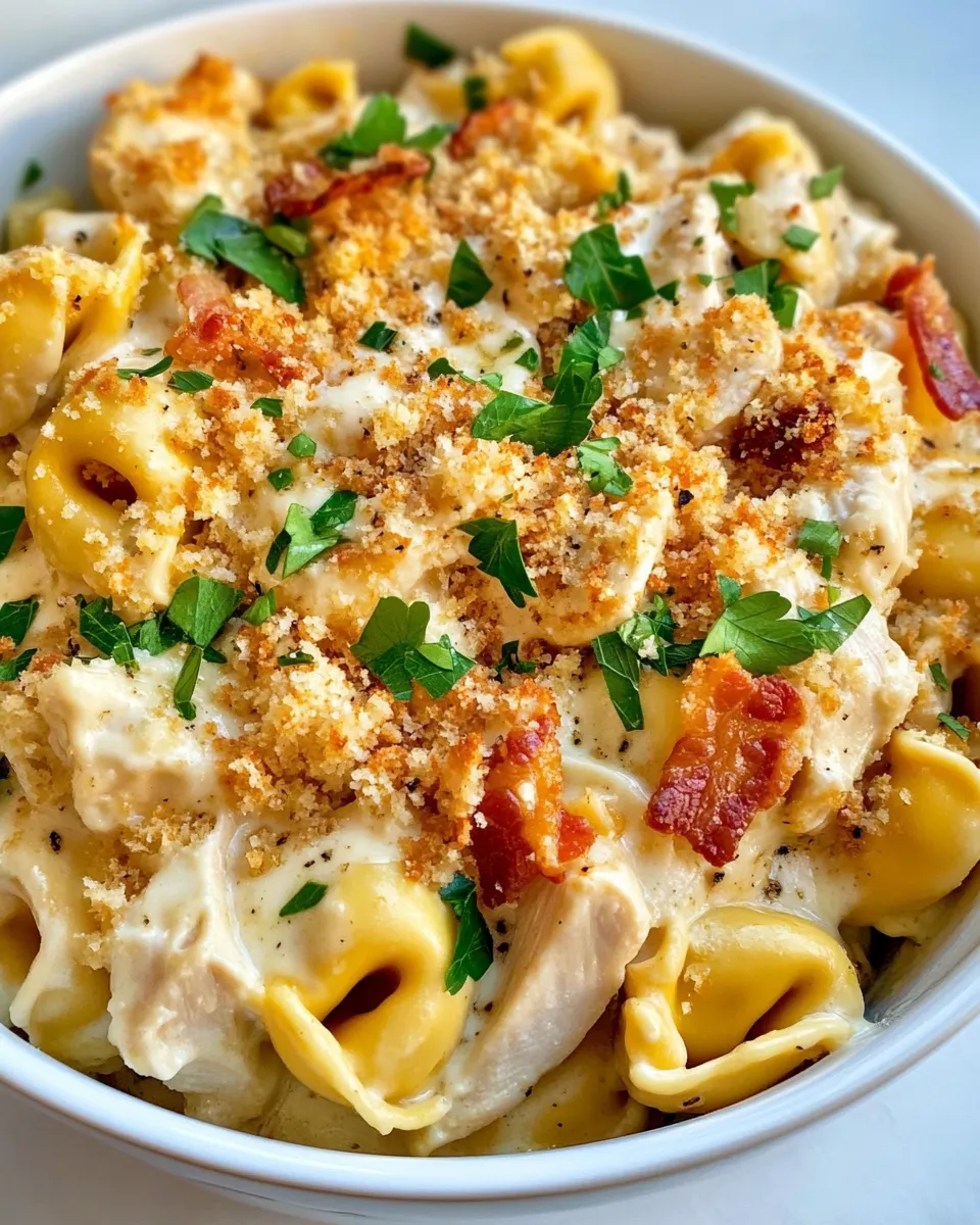 Easy Chicken Alfredo Tortellini Bake with Garlic Crumbs food shot