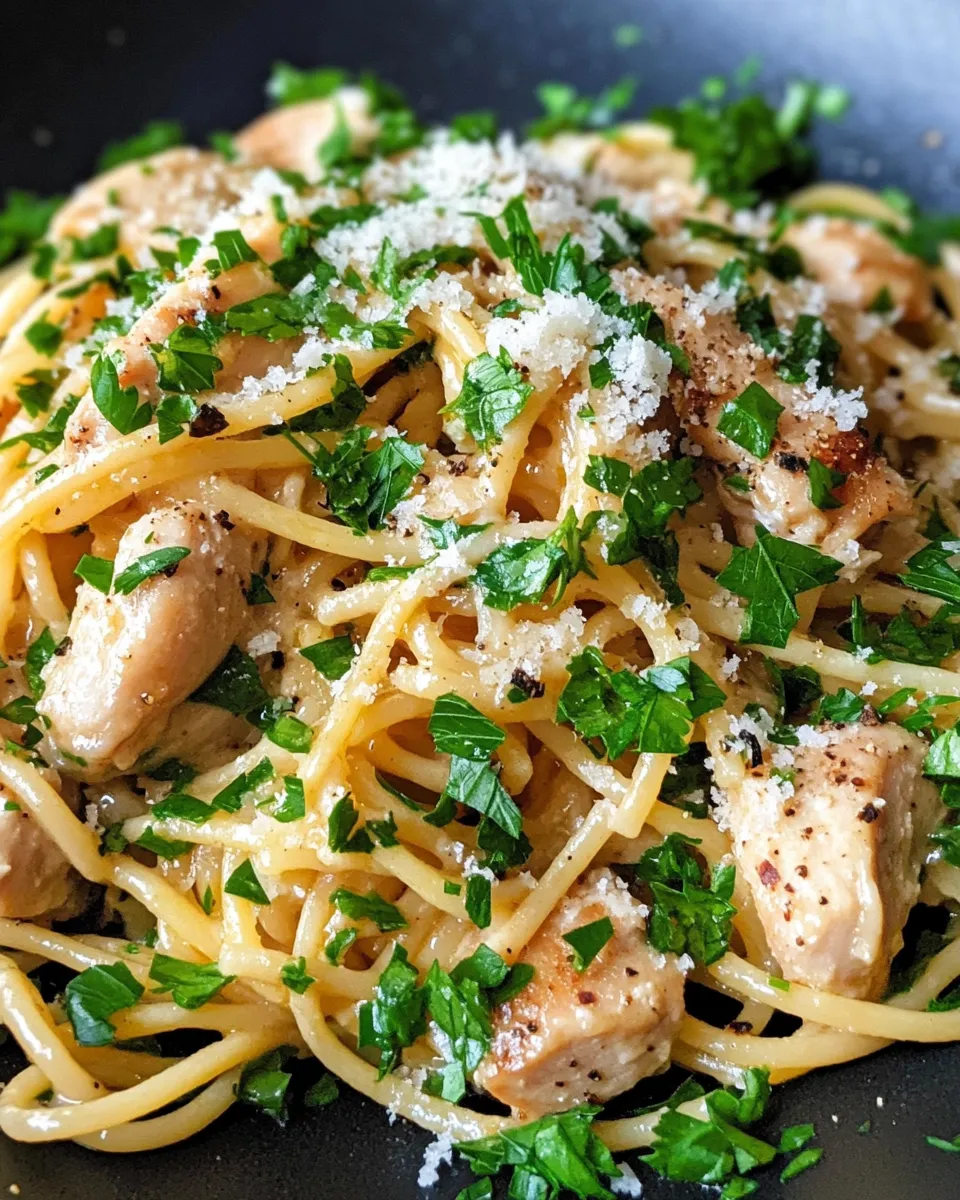 Easy Chicken Carbonara-Style (No Bacon) Spaghetti food shot