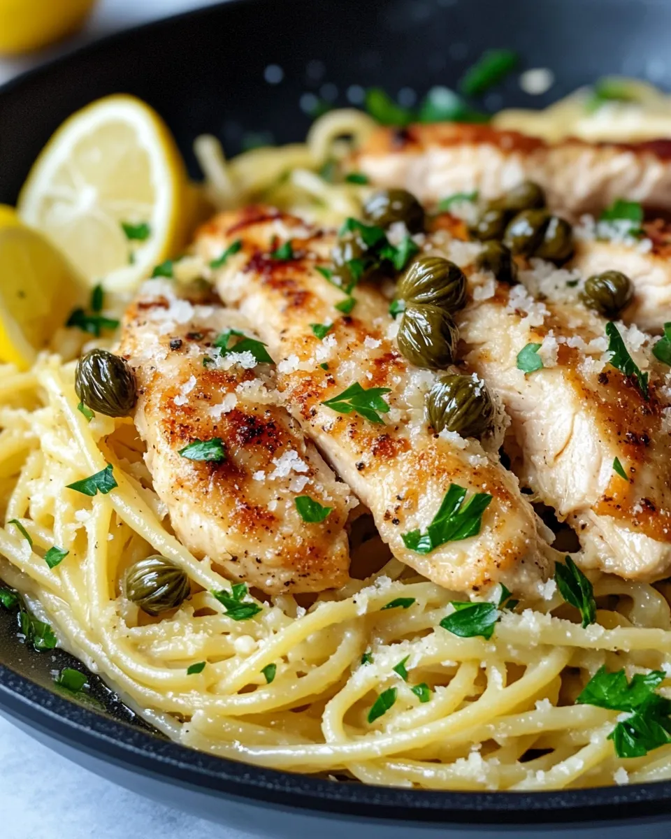Easy Chicken Piccata Pasta with Capers food shot