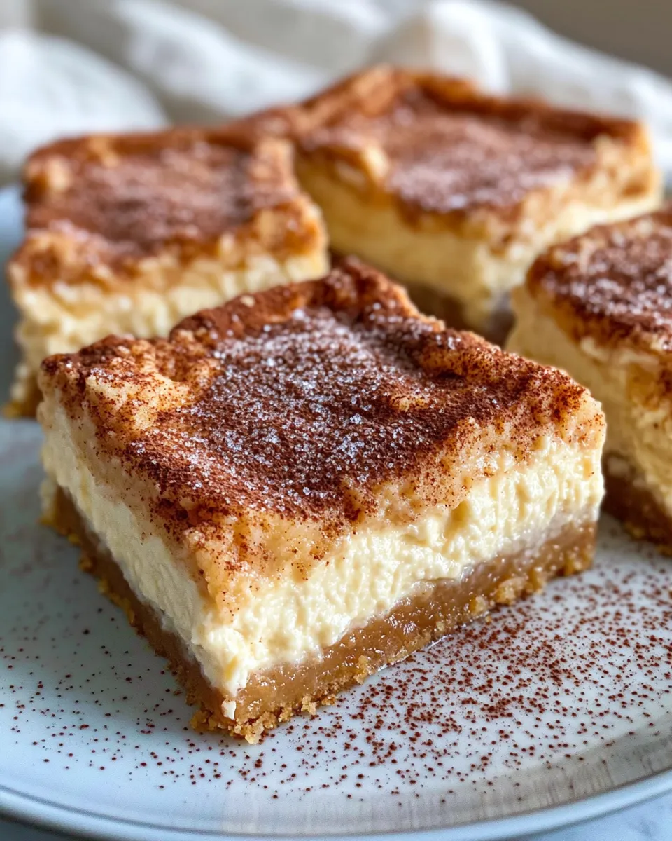 Homemade Cinnamon Sugar Churro Cheesecake Bars food shot