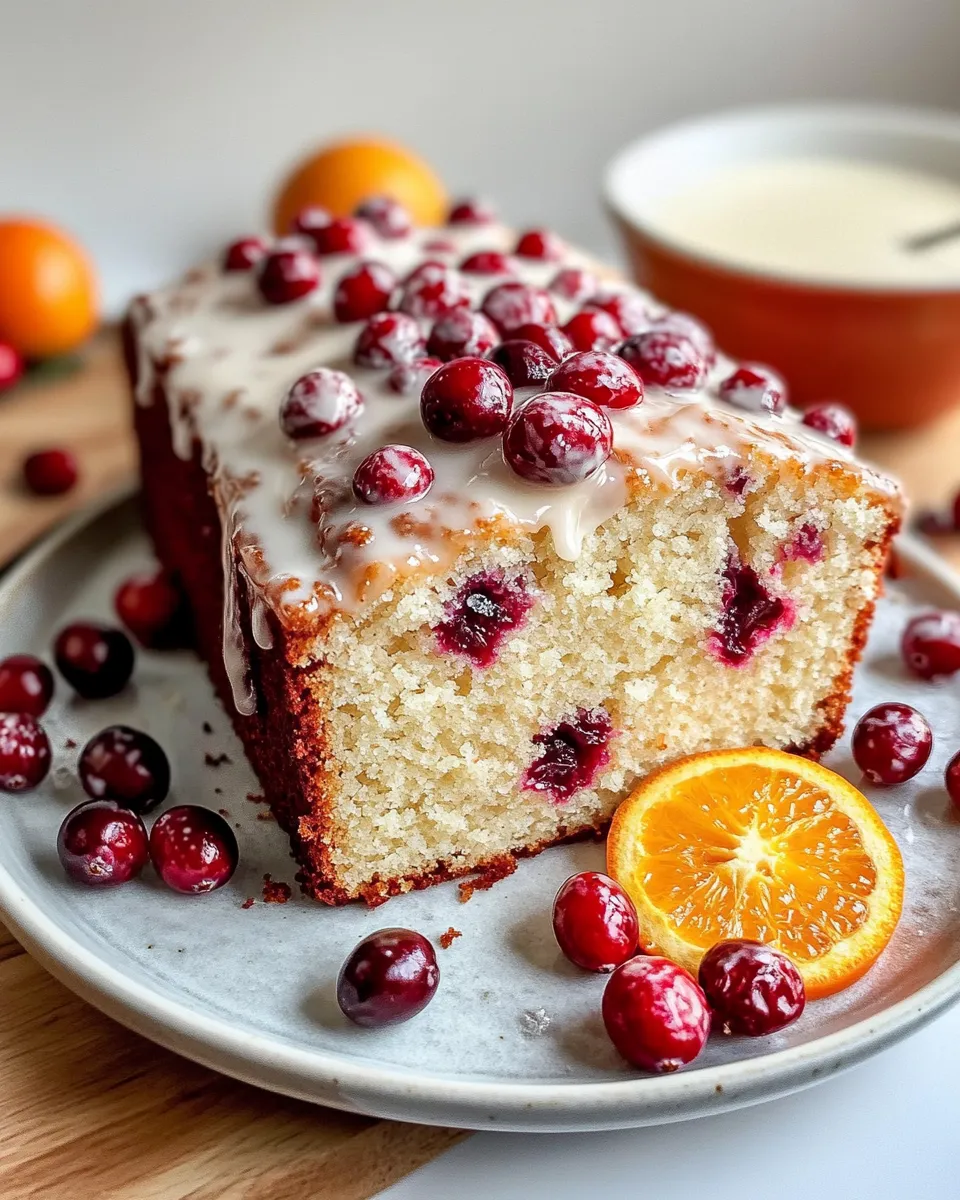 Delicious Cranberry Orange Pound Cake with Vanilla Glaze food shot