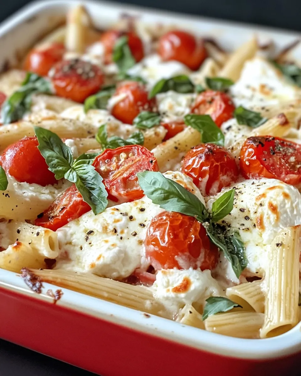 Classic Creamy Burrata Caprese Pasta Bake (Winter Tomatoes) food shot