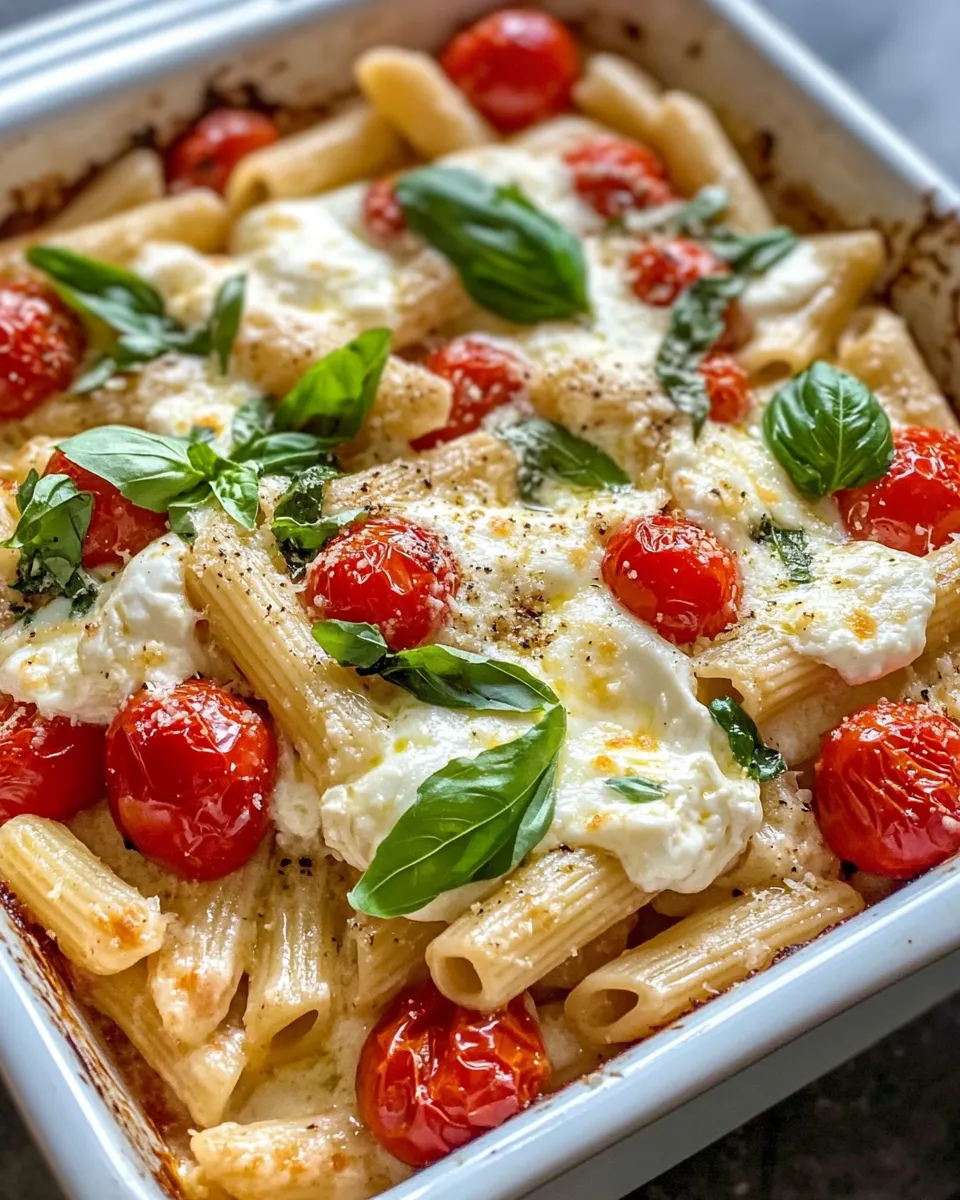 Easy Creamy Burrata Caprese Pasta Bake (Winter Tomatoes) dish photo