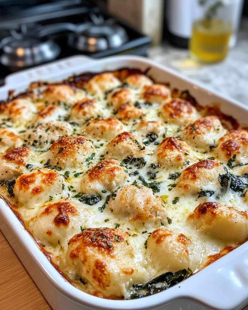 Easy Creamy Chicken Gnocchi Bake with Spinach food shot
