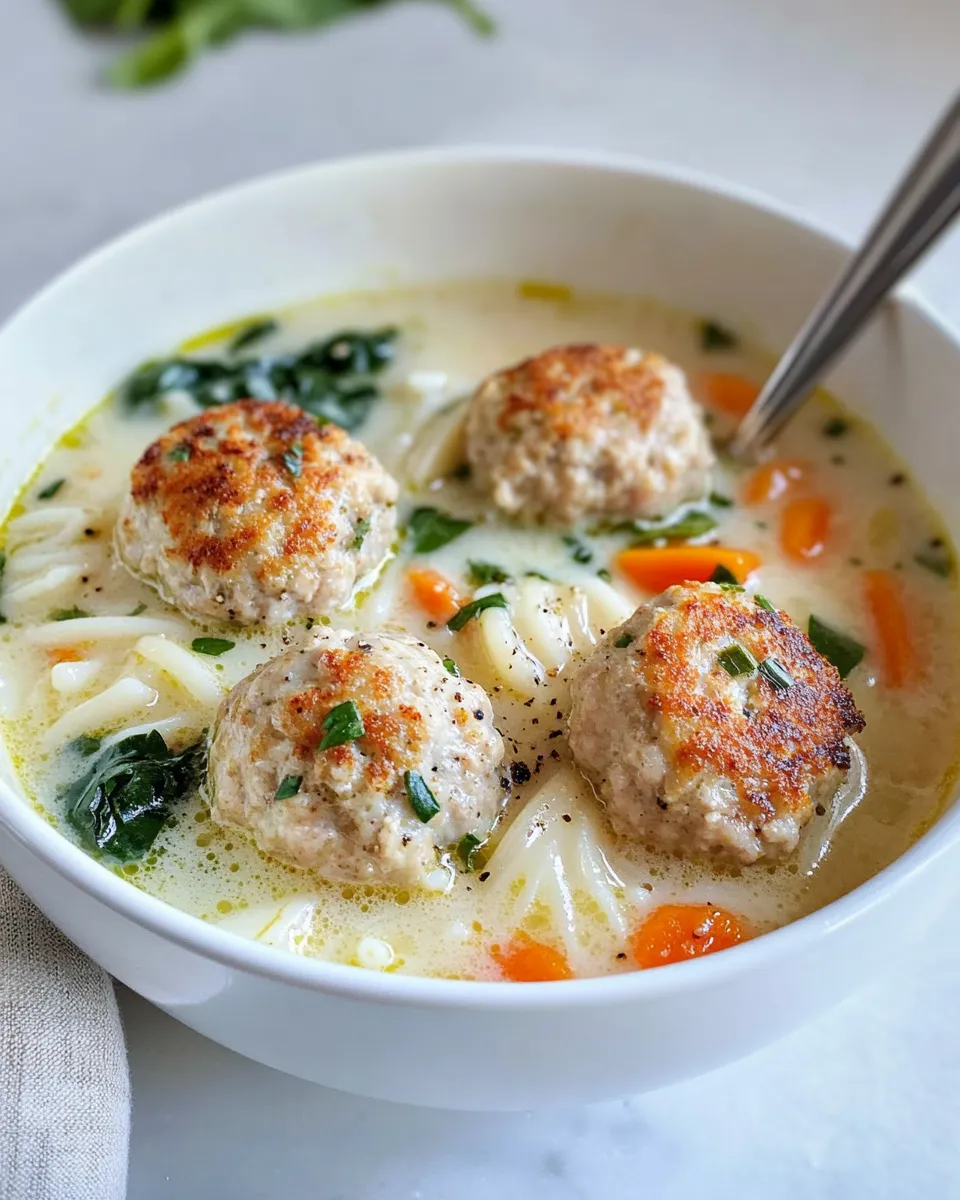 Easy Creamy Italian Wedding Soup with Turkey Meatballs food shot