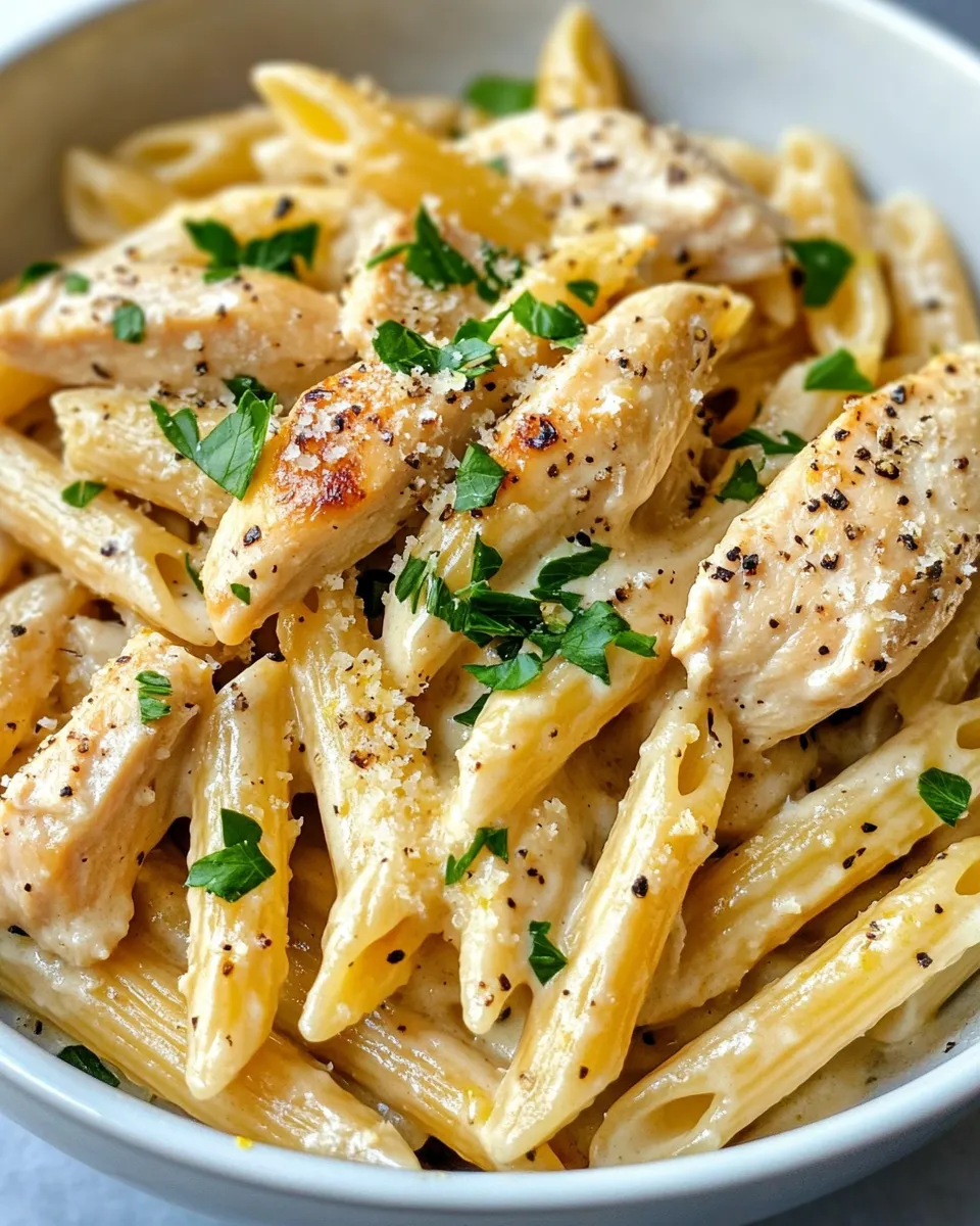 Easy Creamy Lemon Garlic Chicken Penne food shot