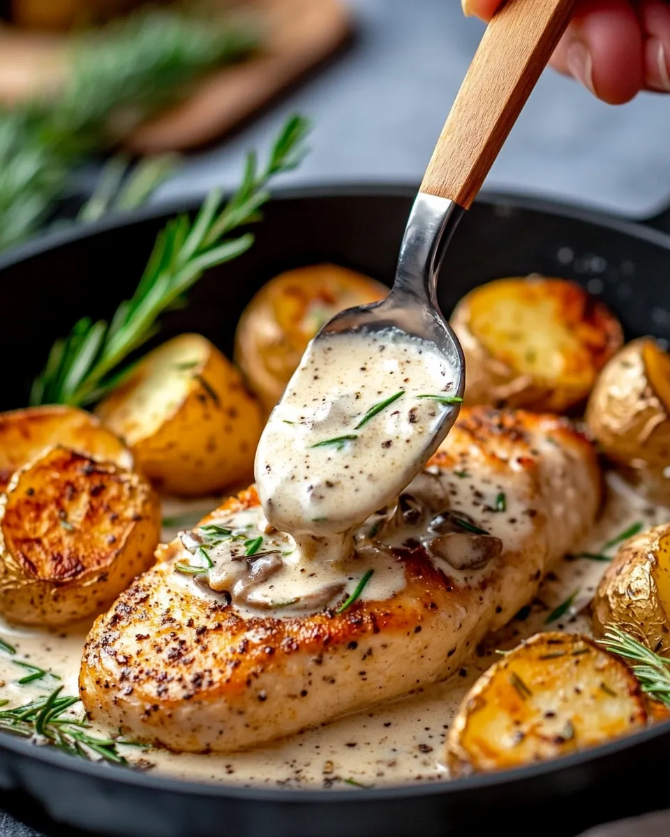 Delicious Creamy Mushroom Chicken with Rosemary Potatoes plate image
