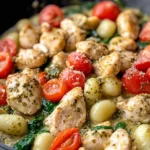 Homemade Creamy Pesto Chicken Gnocchi Skillet food shot
