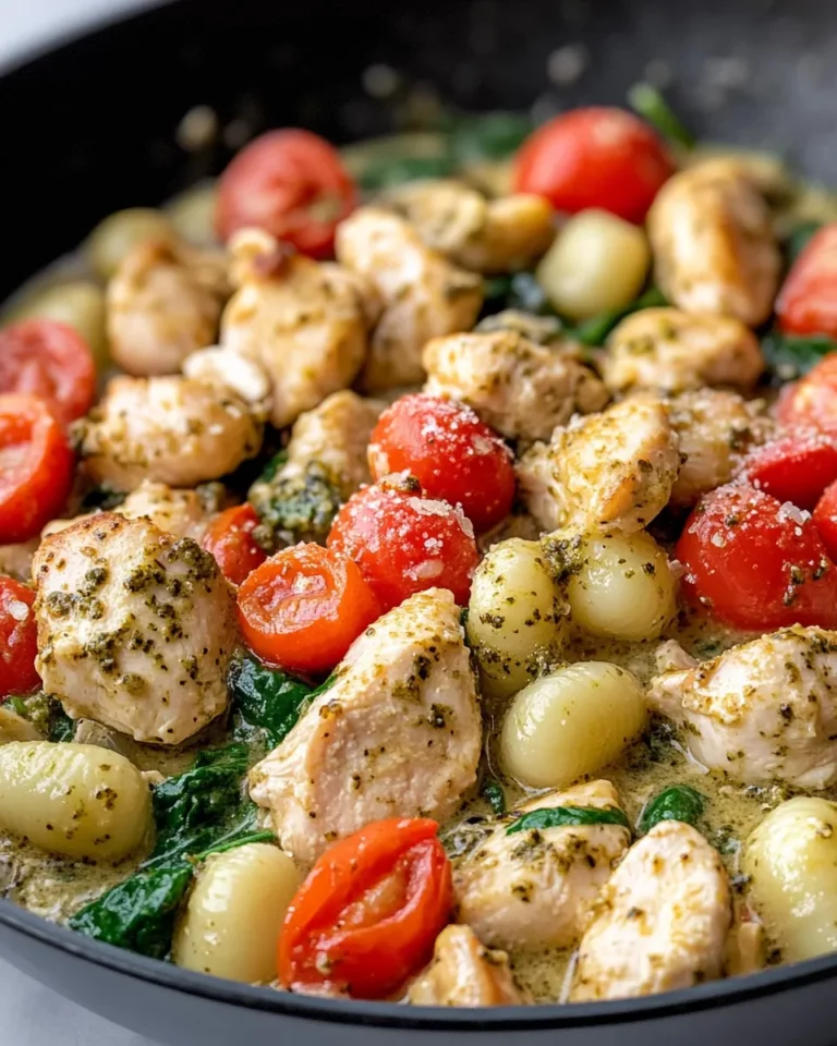 Homemade Creamy Pesto Chicken Gnocchi Skillet food shot