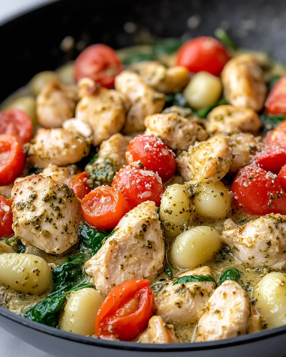 Homemade Creamy Pesto Chicken Gnocchi Skillet food shot