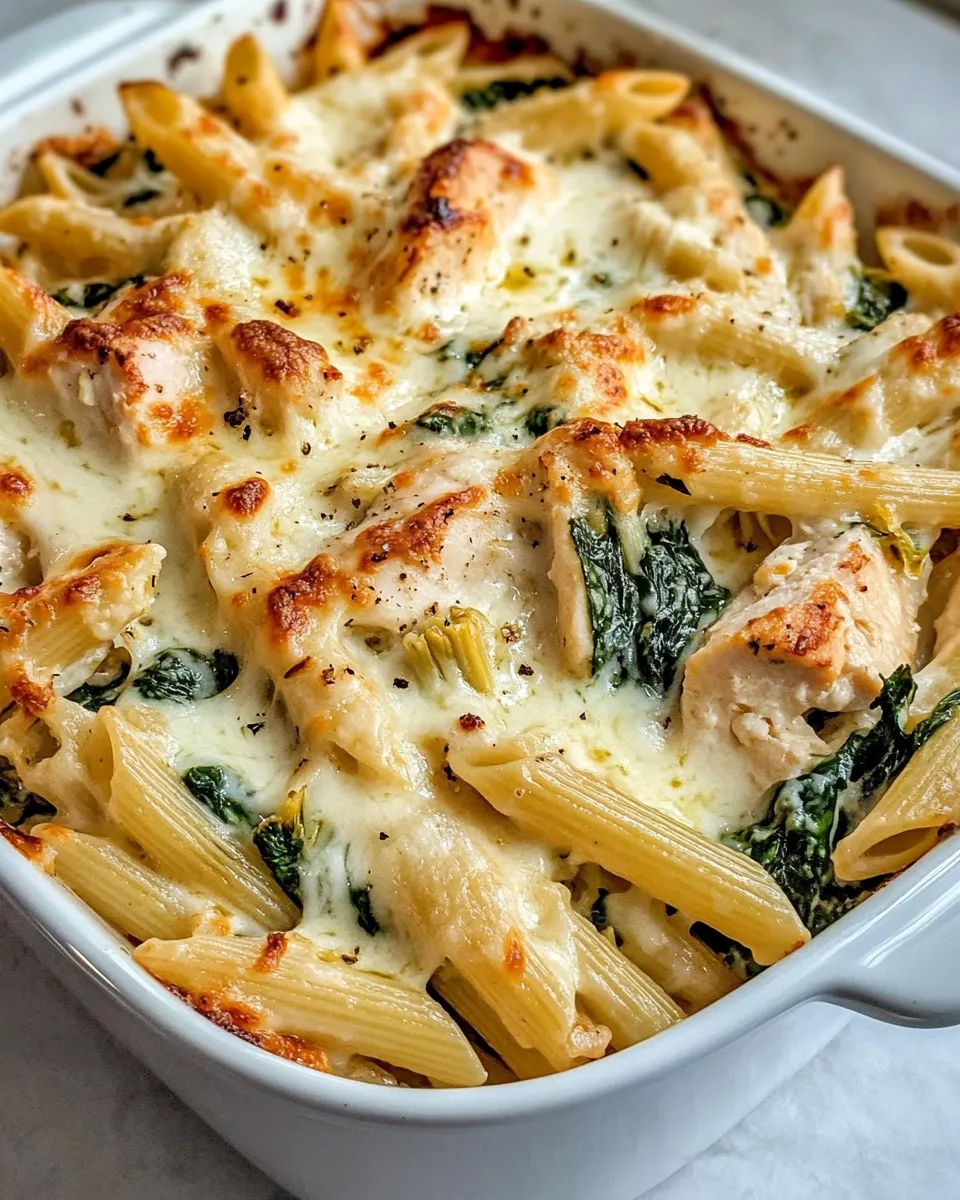 Classic Creamy Spinach Artichoke Chicken Pasta Bake image