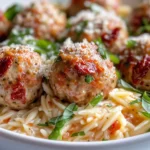 Homemade Creamy Sun-Dried Tomato Turkey Meatballs over Orzo recipe photo