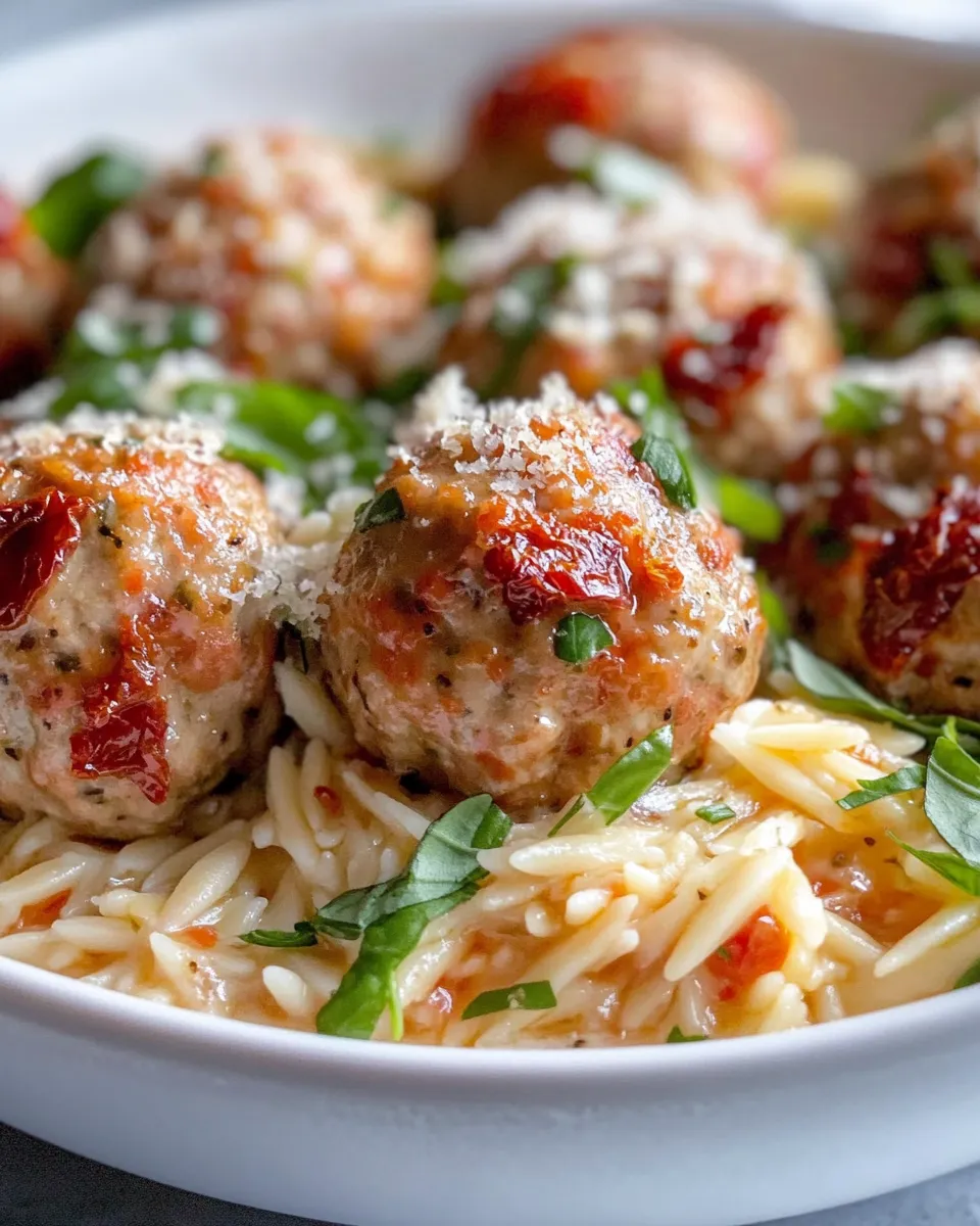 Homemade Creamy Sun-Dried Tomato Turkey Meatballs over Orzo recipe photo