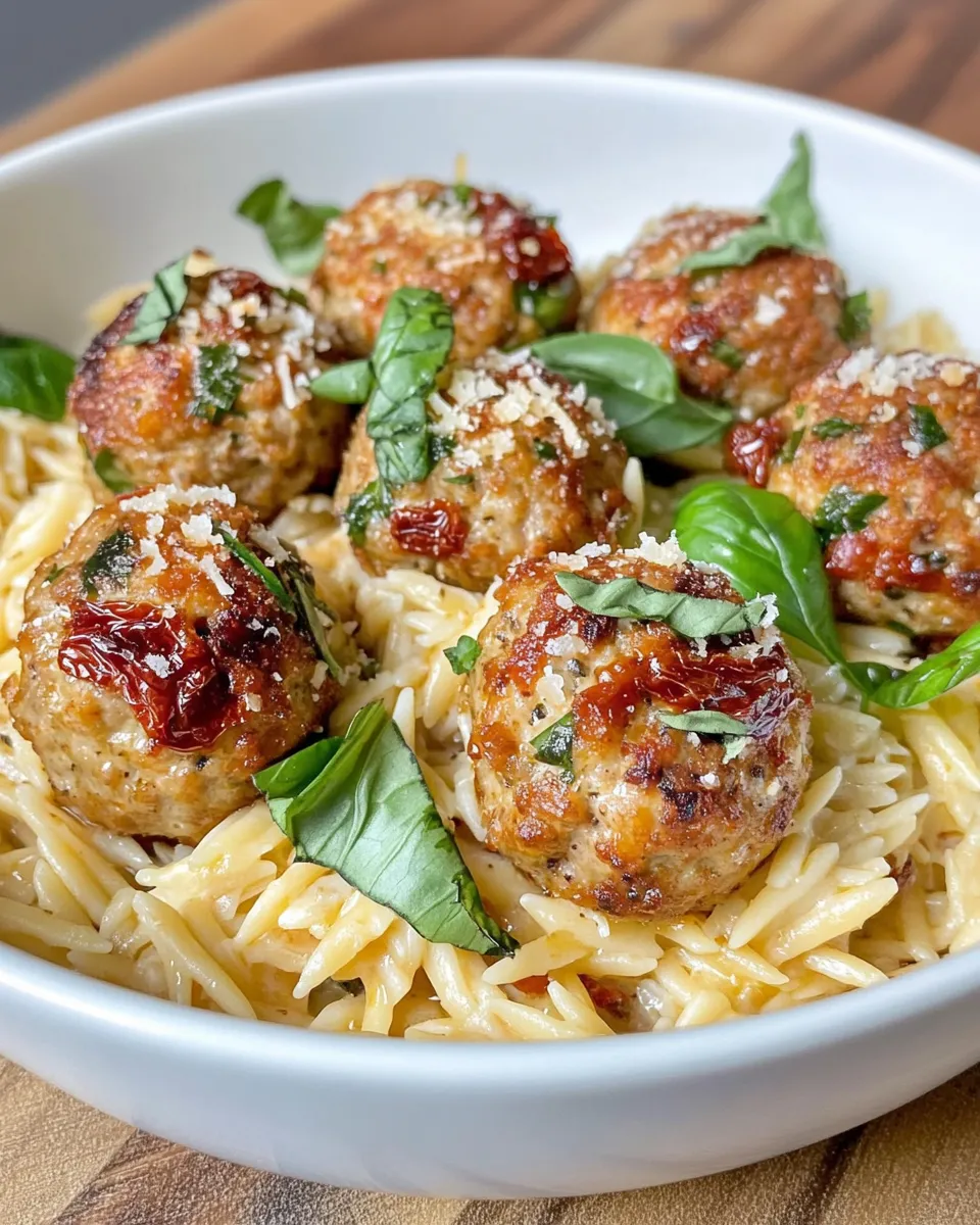 Classic Creamy Sun-Dried Tomato Turkey Meatballs over Orzo dish photo