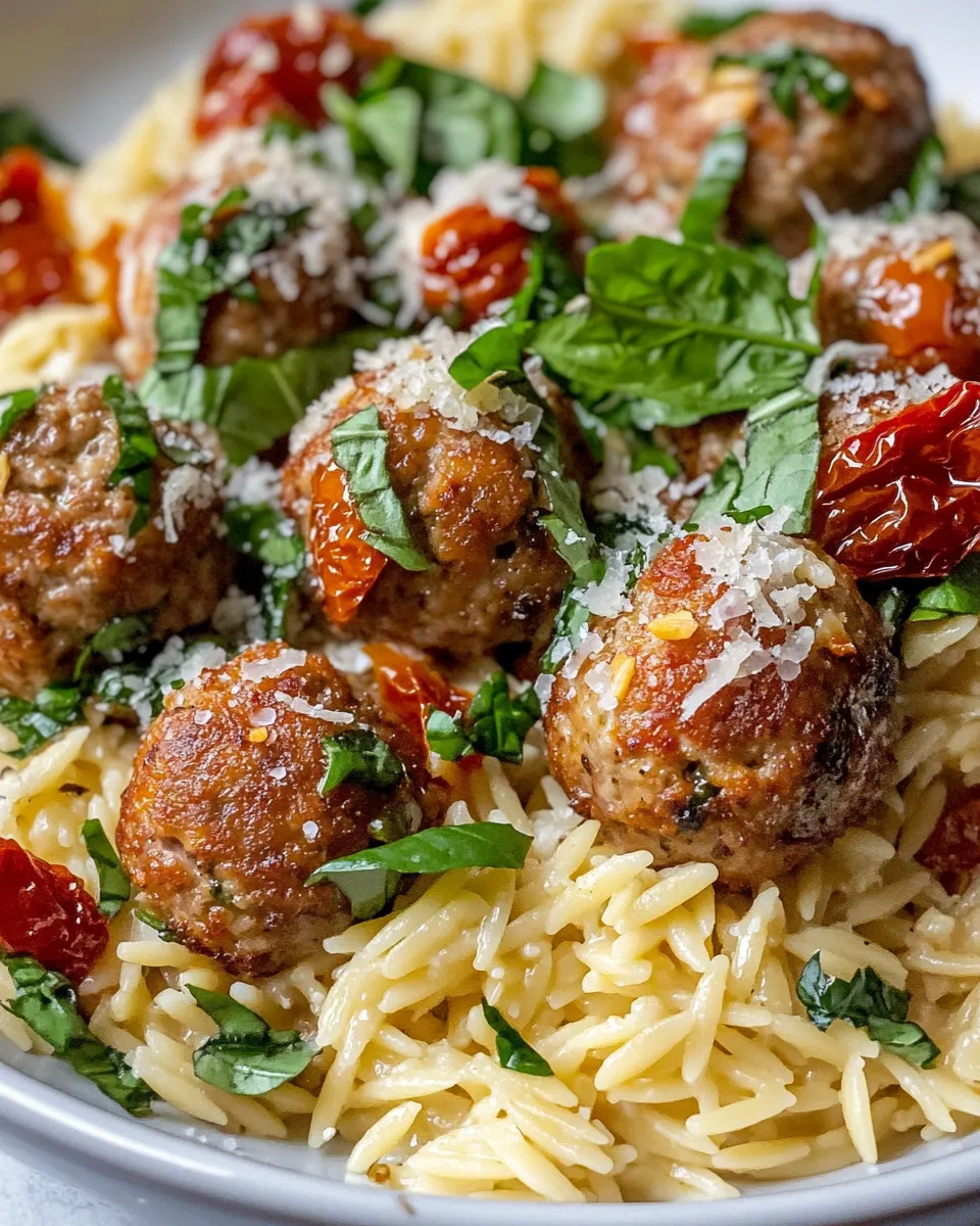 Easy Creamy Sun-Dried Tomato Turkey Meatballs over Orzo food shot