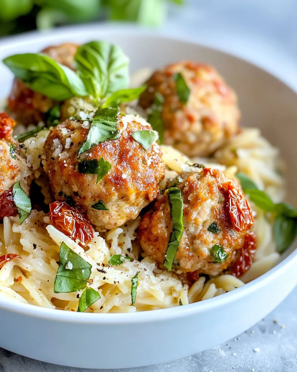Delicious Creamy Sun-Dried Tomato Turkey Meatballs over Orzo plate image