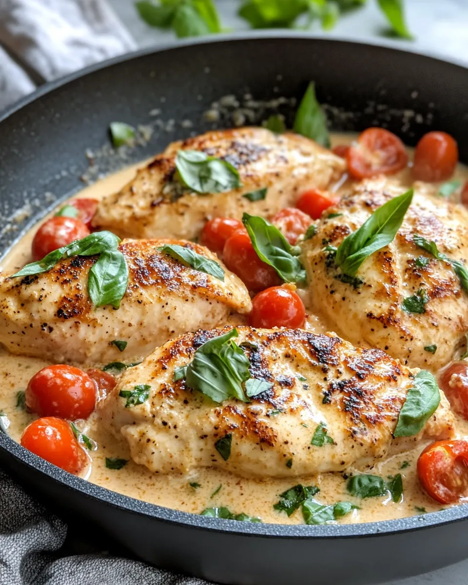Easy Creamy Tomato Basil Chicken Skillet food shot