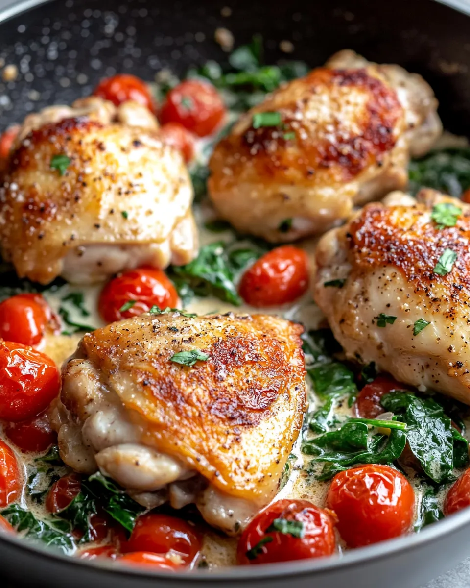 Easy Creamy Tuscan Chicken Thighs (Skillet) food shot