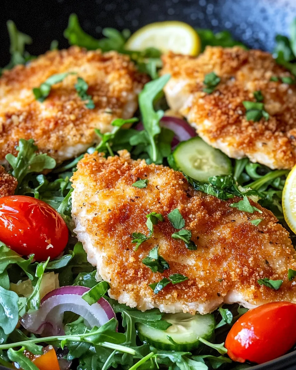 Delicious Crispy Lemon Chicken Cutlets with Arugula Salad dish photo