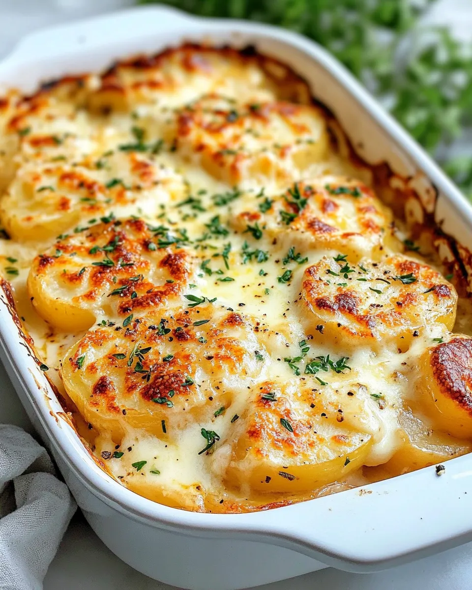 Easy Crispy Parmesan Scalloped Potatoes with Garlic Cream food shot