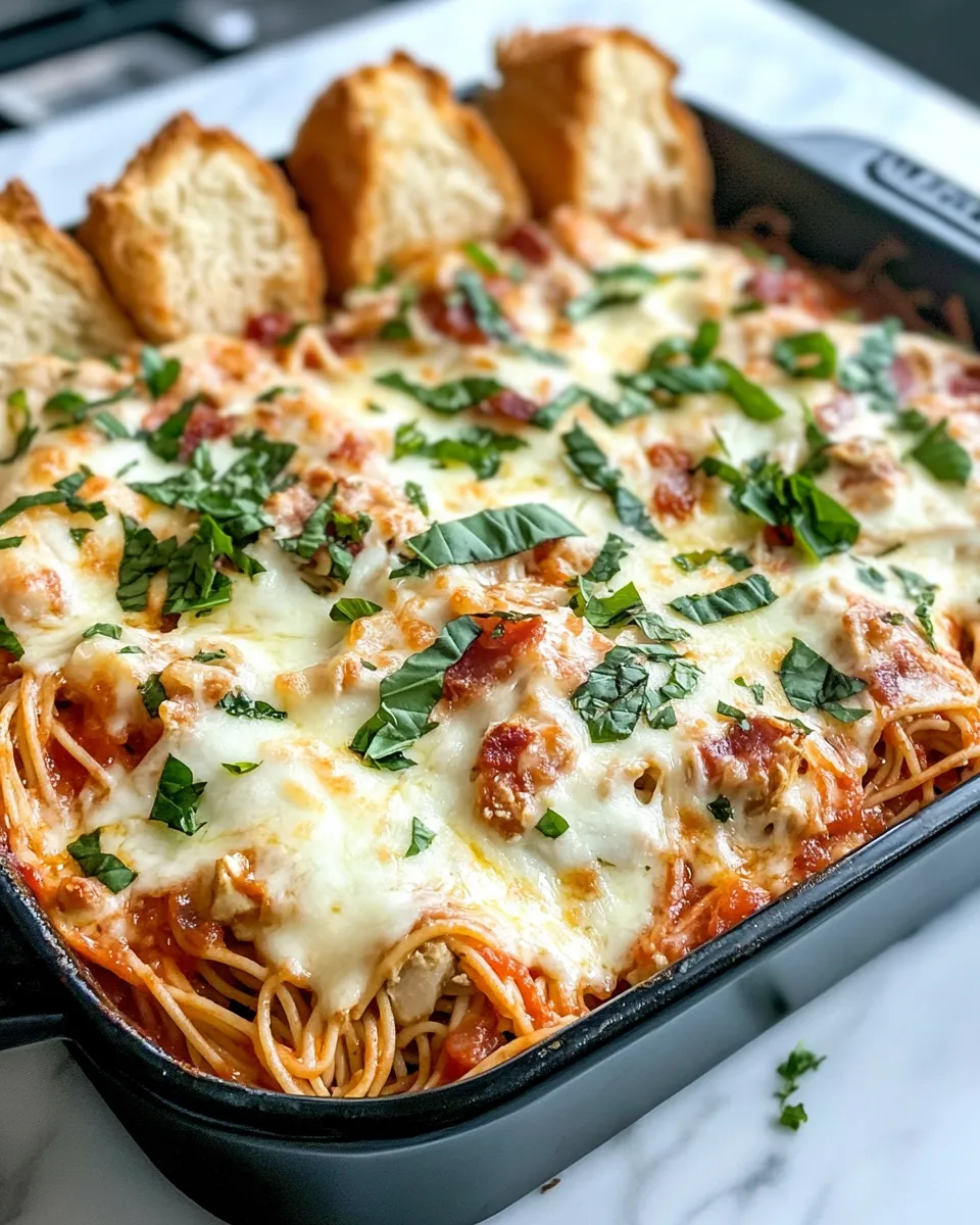Easy Garlic Bread Spaghetti Bake with Mozzarella Crown food shot