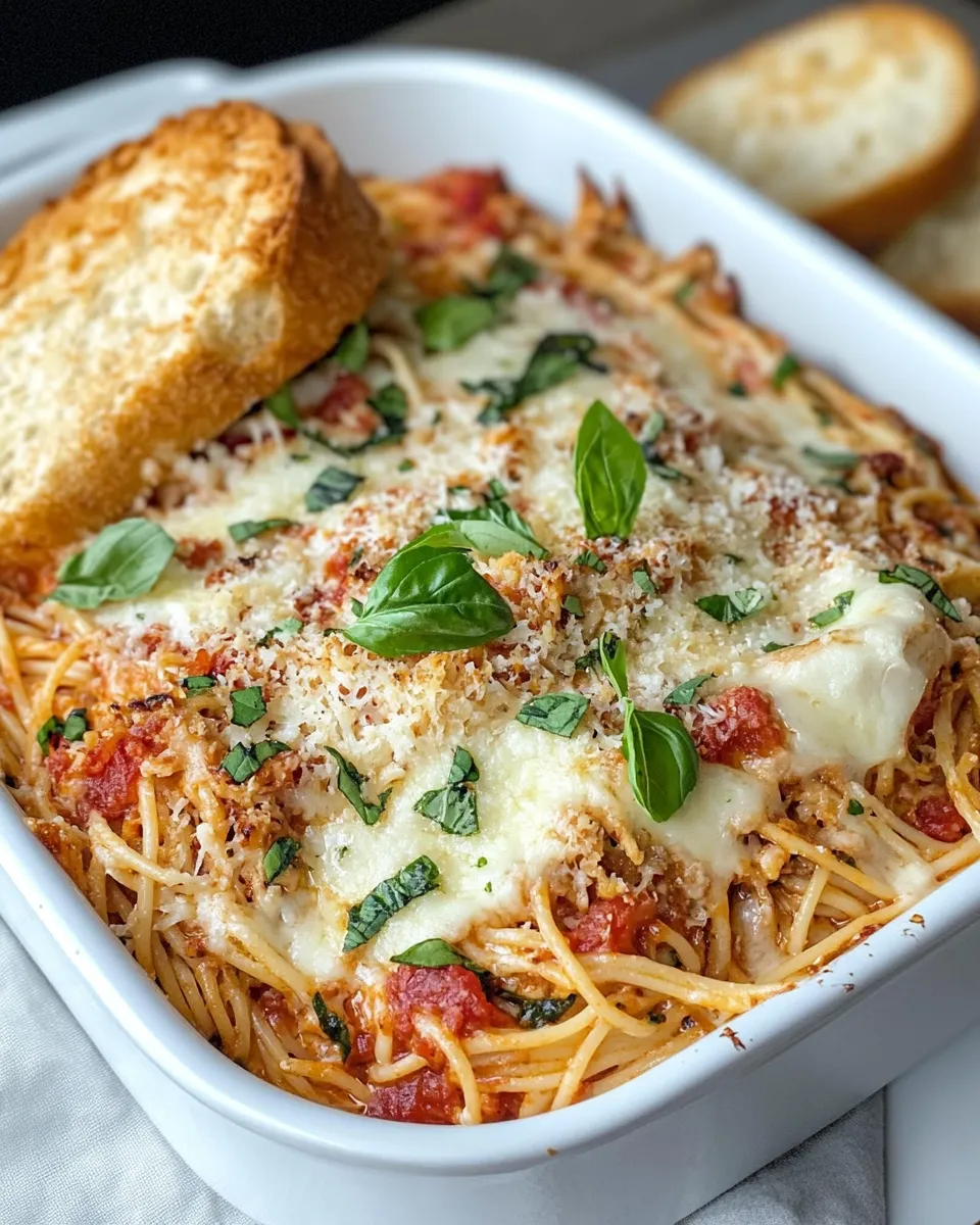 Delicious Garlic Bread Spaghetti Bake with Mozzarella Crown plate image