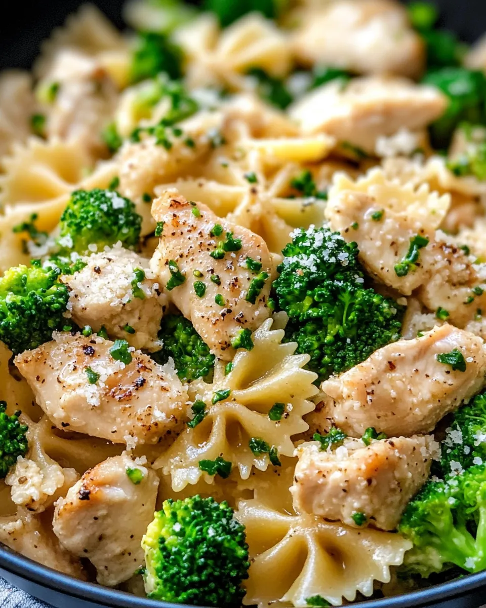 Easy Garlic Butter Chicken & Broccoli Farfalle food shot