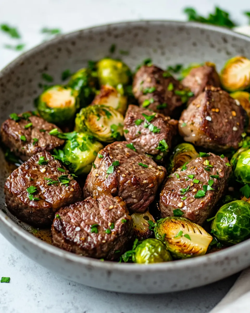 Quick Garlic Butter Steak Bites with Brussels food shot