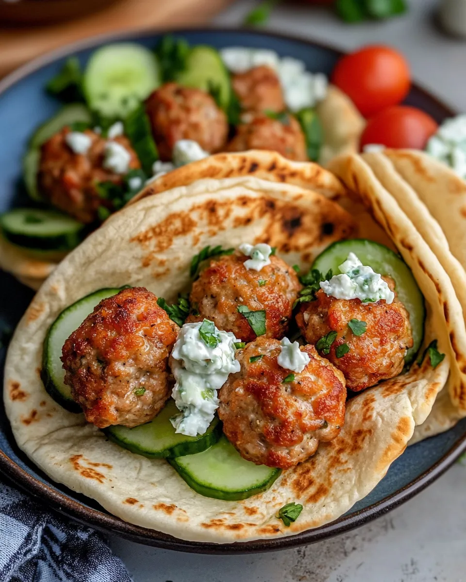 Delicious Greek Chicken Meatball Pitas with Tzatziki & Feta food shot