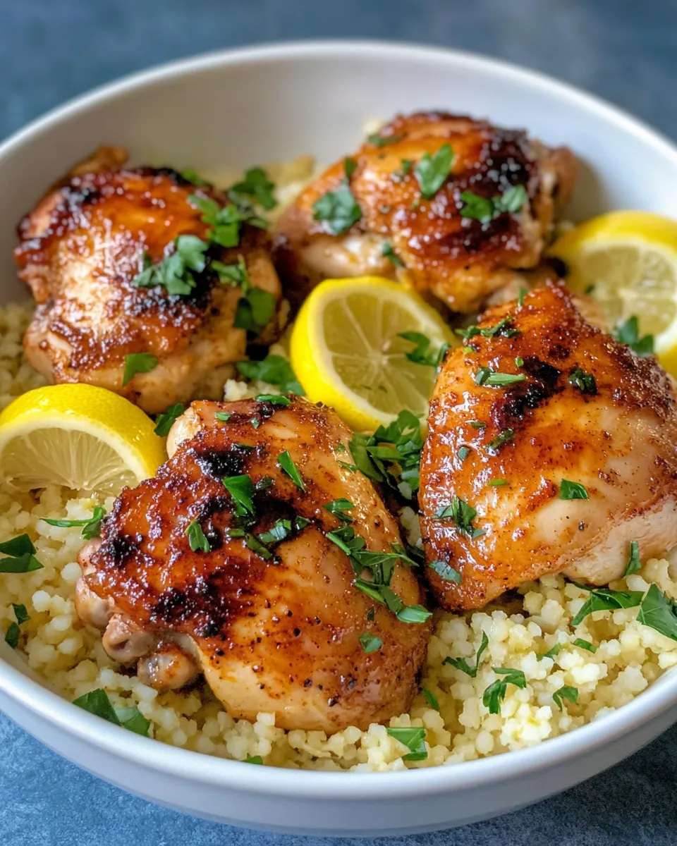Delicious Harissa Honey Chicken Thighs with Lemon Couscous plate image