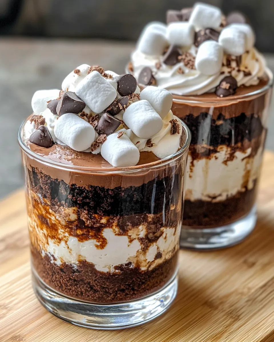 Delicious Hot Cocoa Brownie Trifle with Marshmallow Whip shot