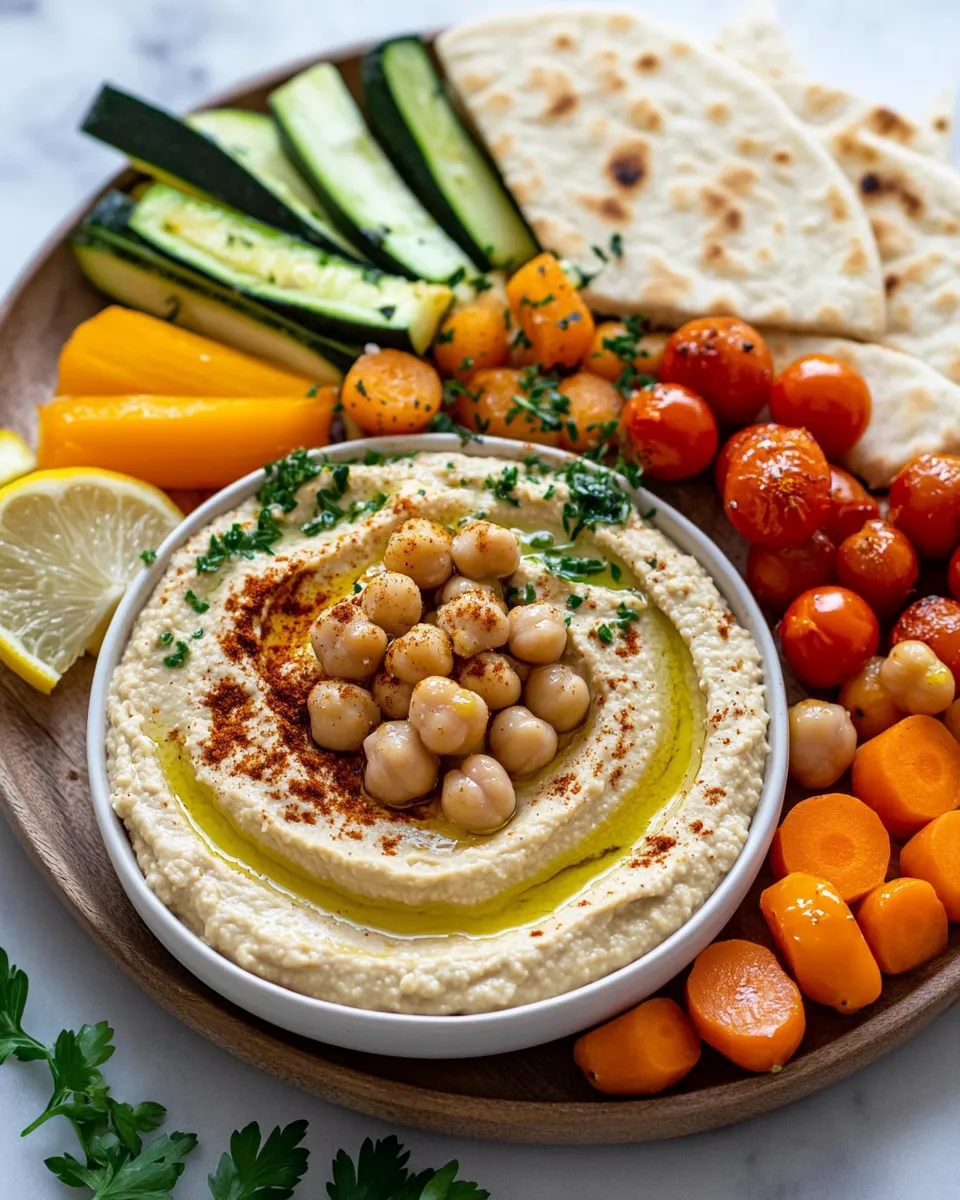 Delicious Hummus Board with Roasted Veggies & Warm Pita food shot
