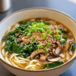 Homemade Miso Mushroom Udon Soup with Spinach photo