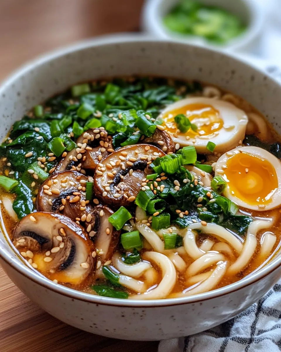 Delicious Miso Mushroom Udon Soup with Spinach dish photo