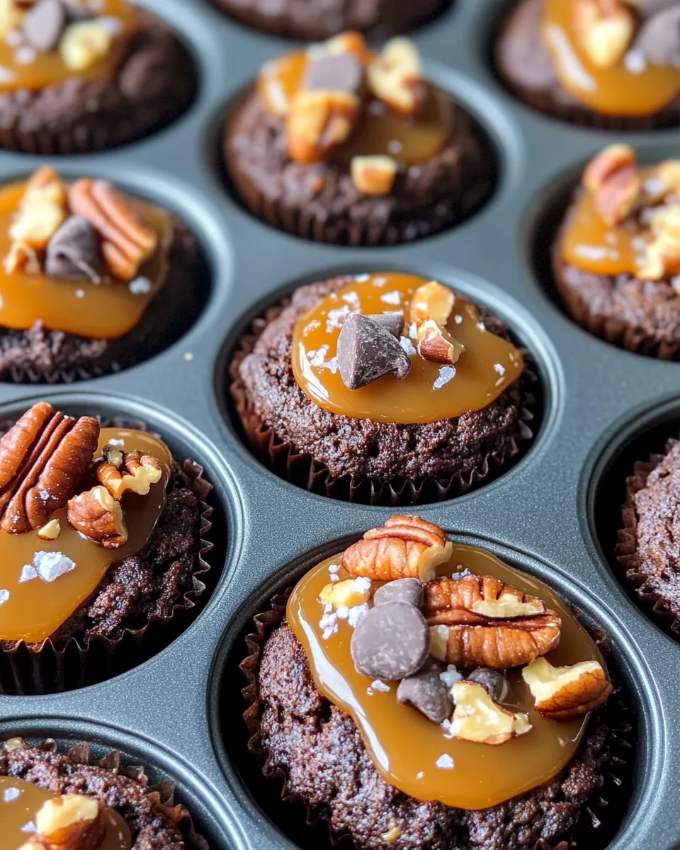 Easy Salted Caramel Turtle Brownie Cups food shot