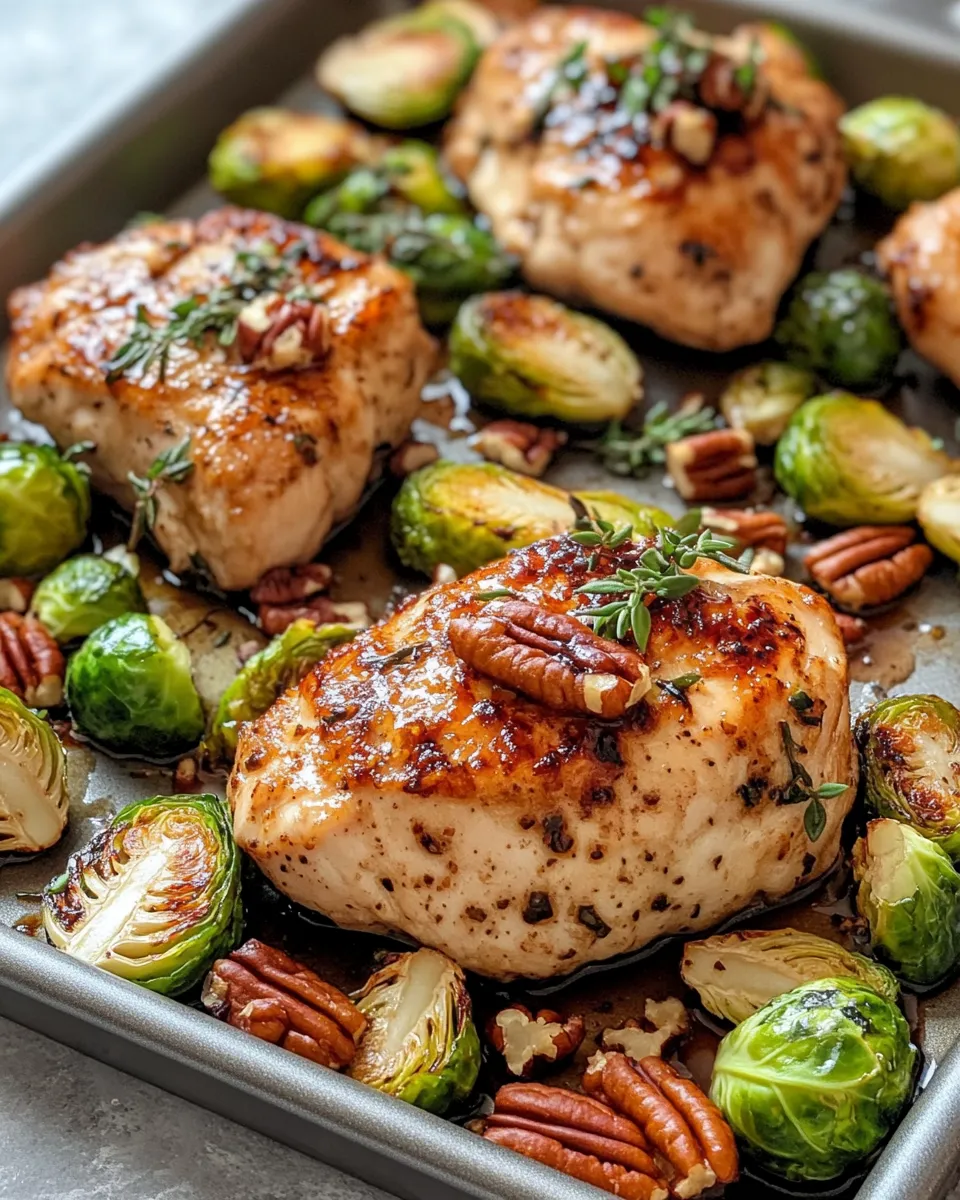 Easy Sheet-Pan Balsamic Chicken and Brussels with Pecans dish photo