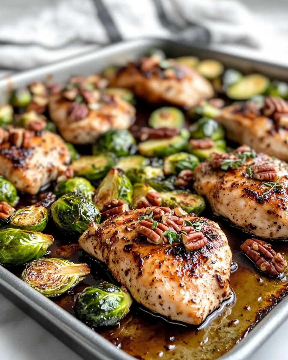 Healthy Sheet-Pan Balsamic Chicken and Brussels with Pecans food shot