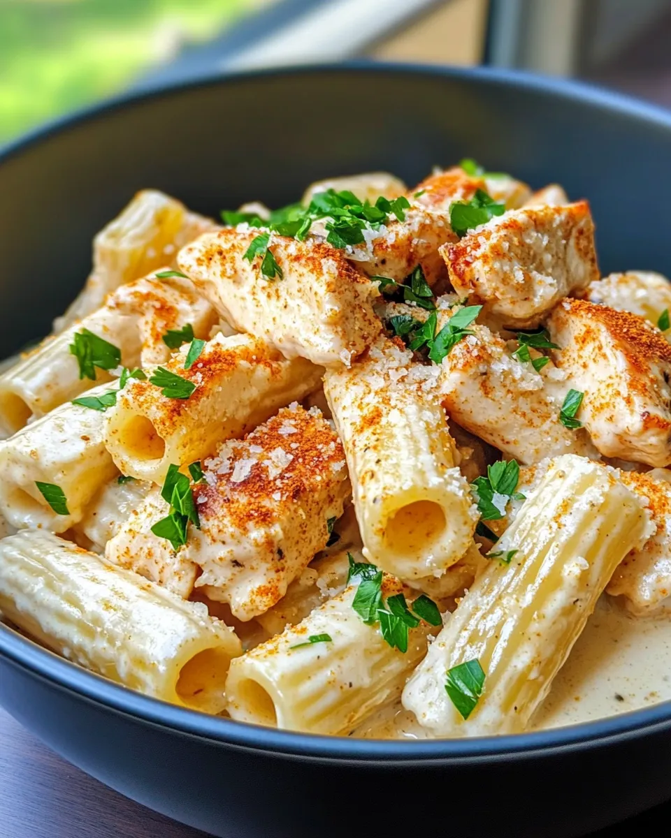 Easy Spicy Cajun Chicken Alfredo Rigatoni food shot