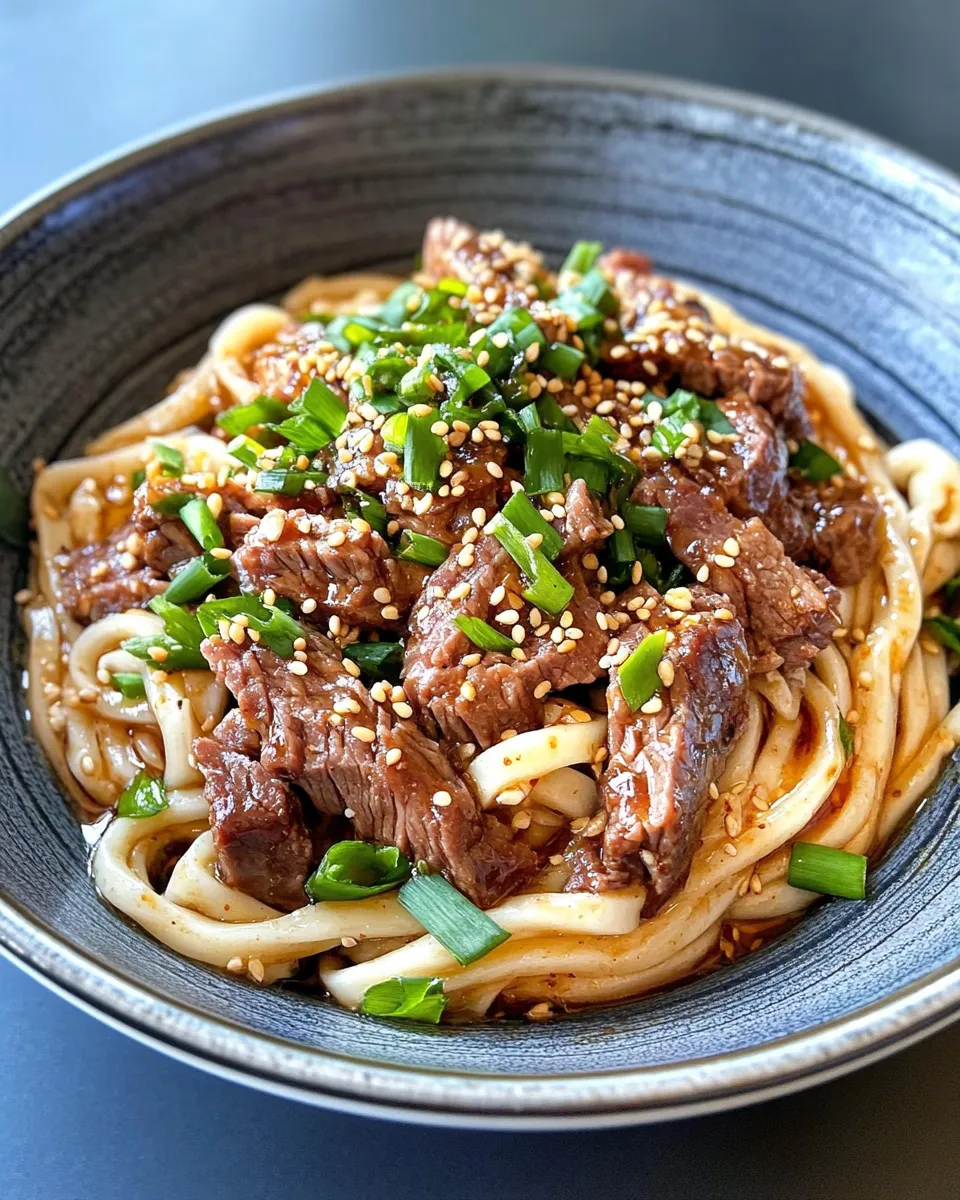 Delicious Sticky Garlic Beef Udon Noodles plate image