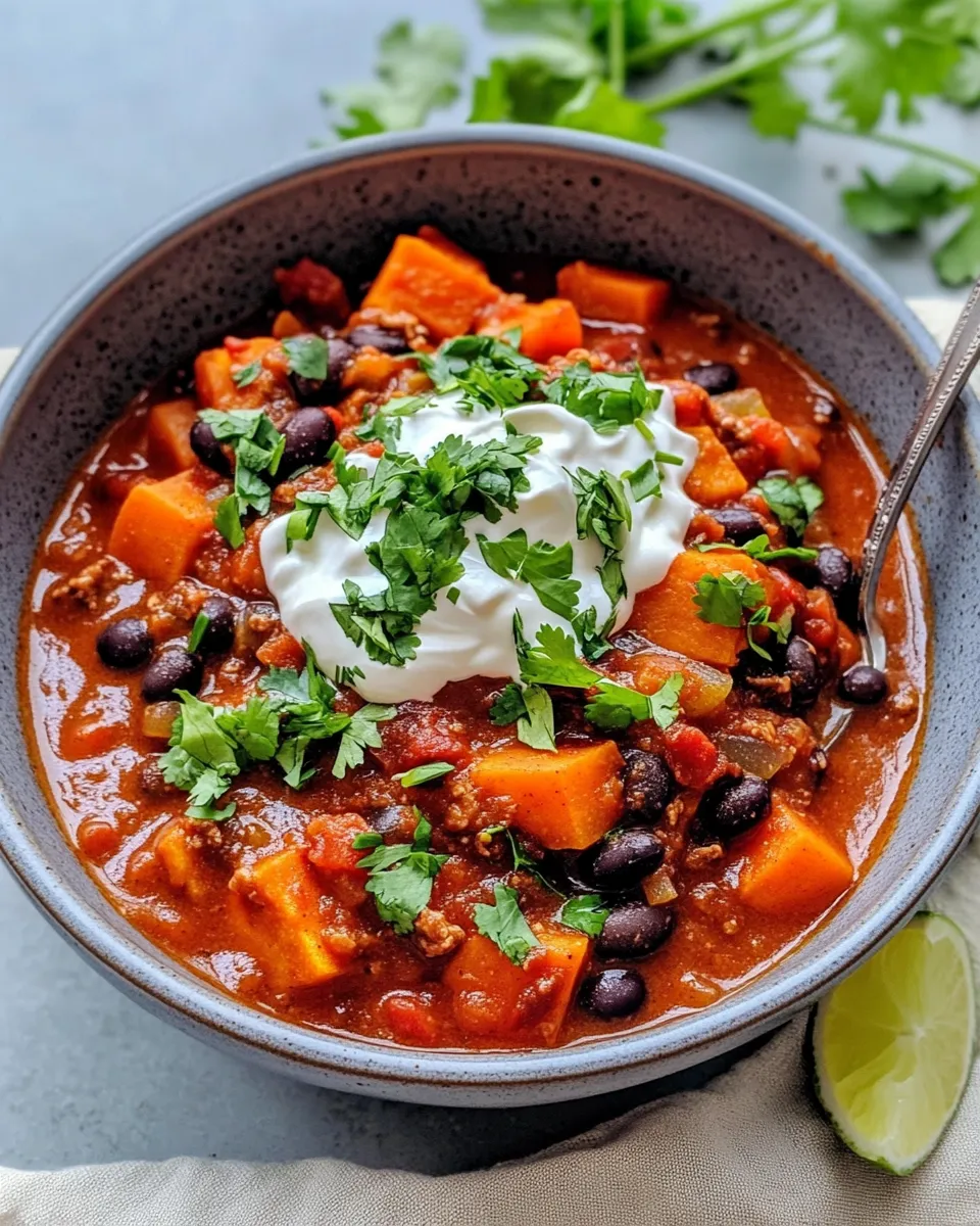 Easy Sweet Potato Black Bean Chili, Lime Crema food shot