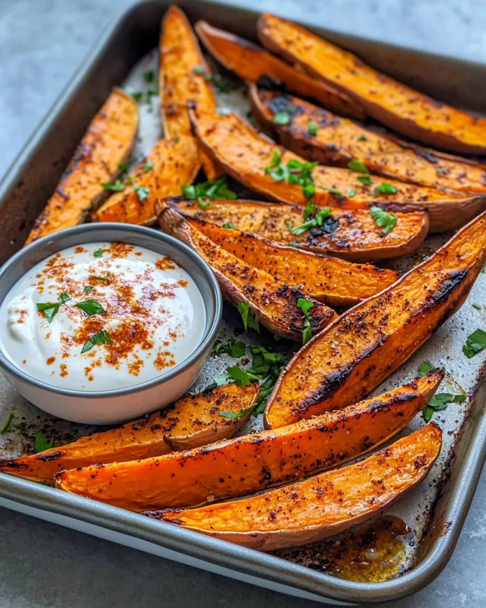Easy Sweet Potato Wedges with Hot Honey Yogurt food shot