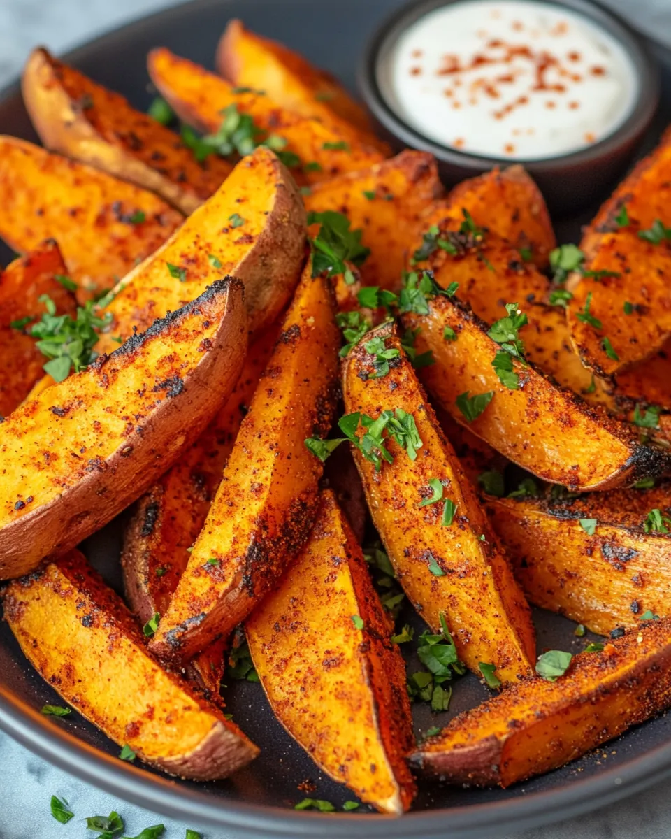 Delicious Sweet Potato Wedges with Hot Honey Yogurt plate image