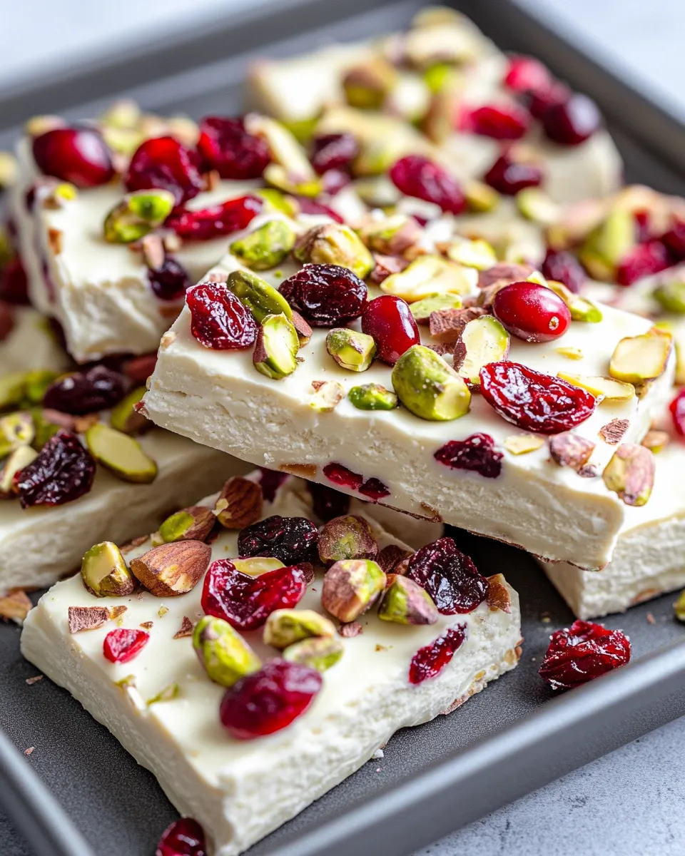 Delicious White Chocolate Cranberry Pistachio Bark food shot
