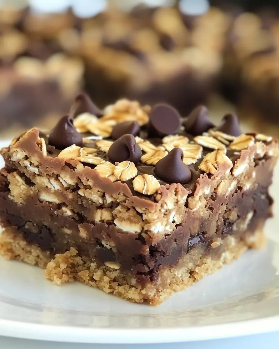 Easy Fudgy Oatmeal Chocolate Chip Cookie Bars food shot