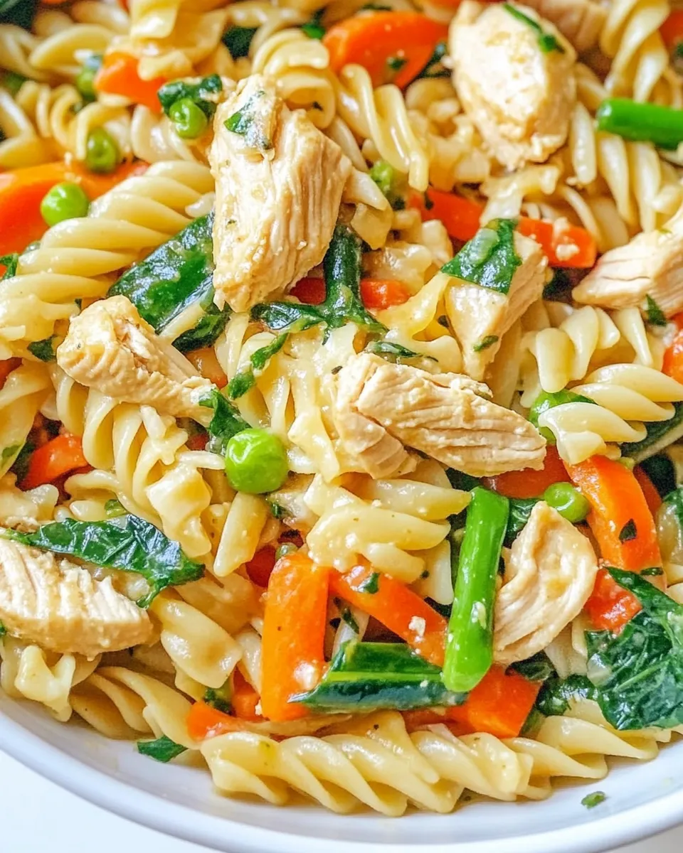 Easy 15-Minute Cheesy Chicken Pasta and Vegetables food shot