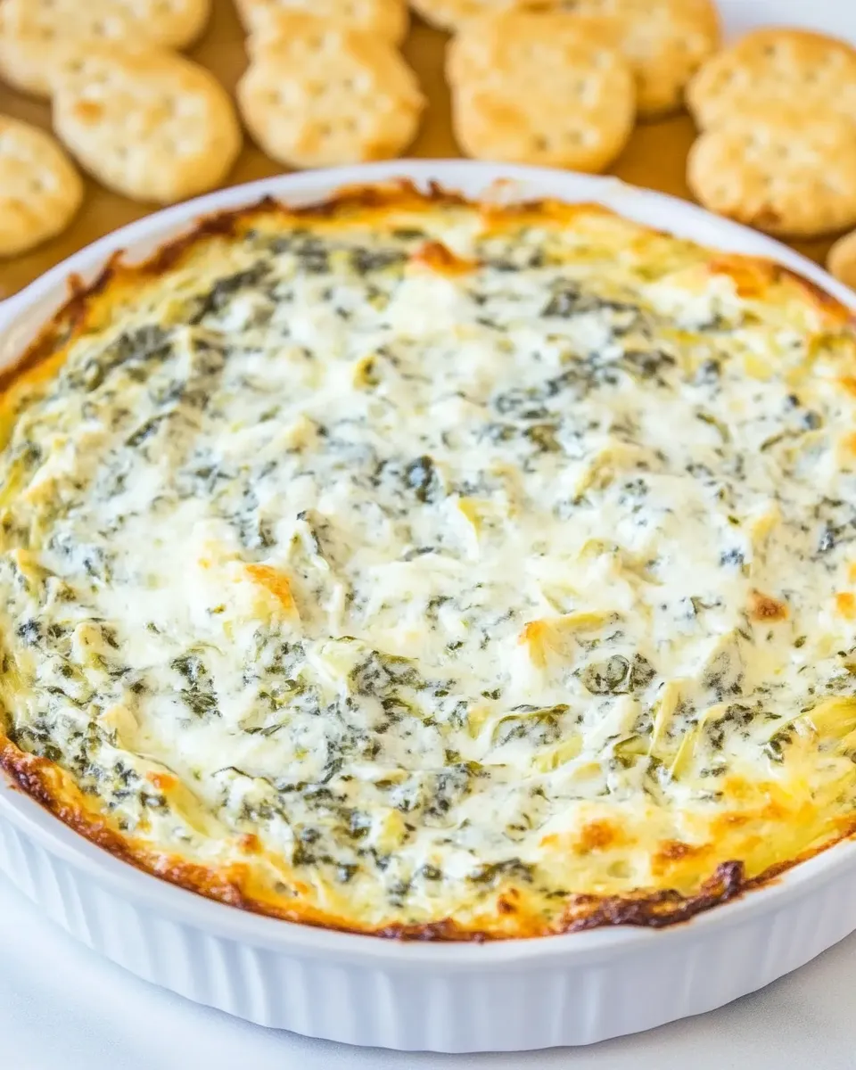 Classic Baked Cheesy Spinach Artichoke Dip recipe image