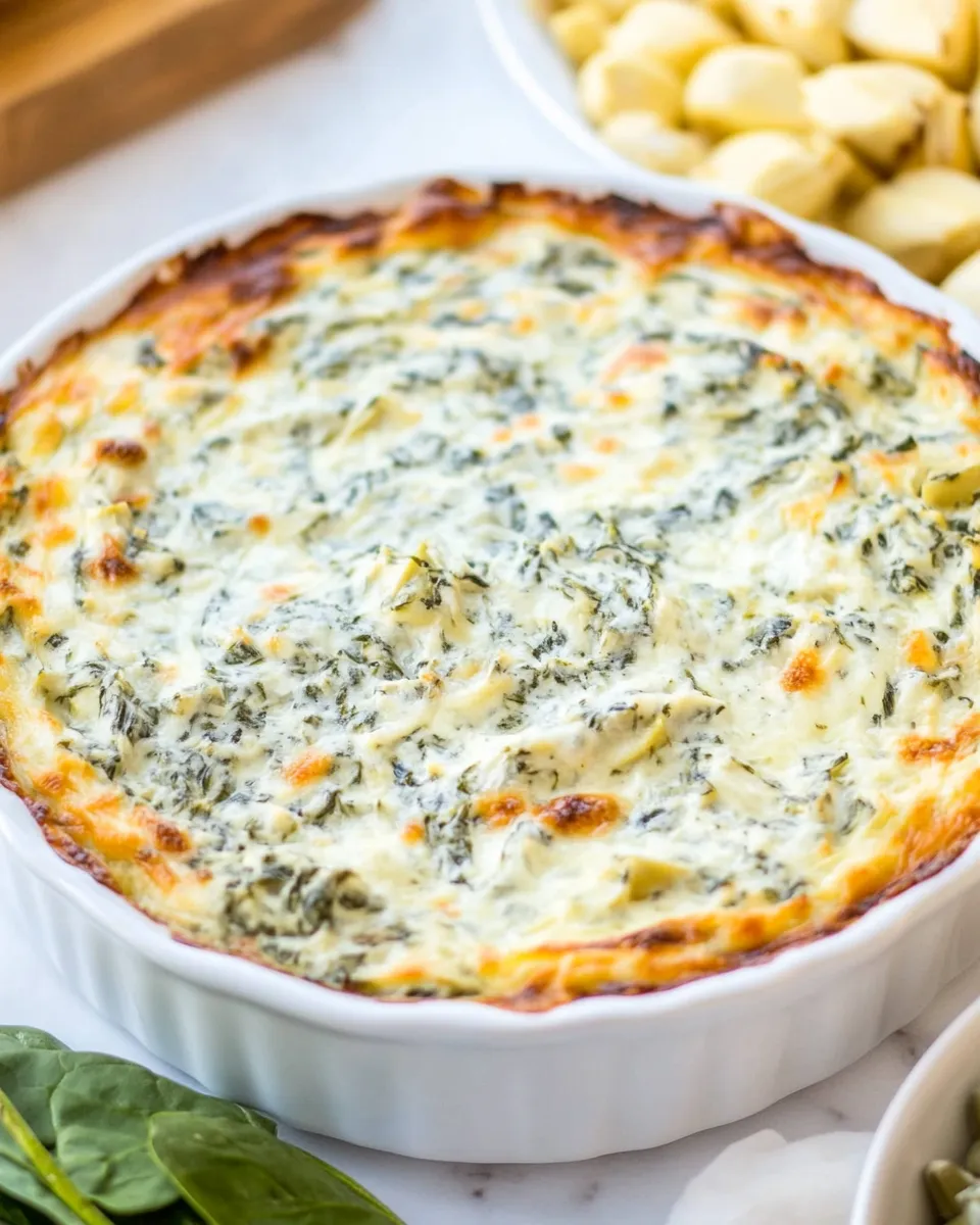 Delicious Baked Cheesy Spinach Artichoke Dip food shot
